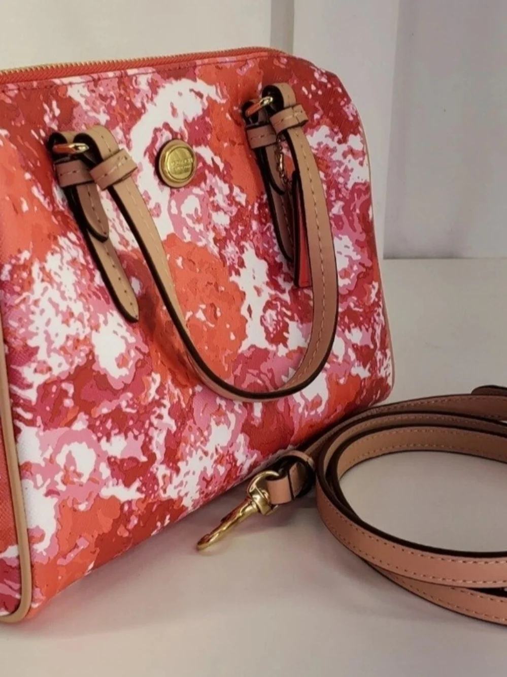 Coach Mini Benton Peyton Satchel/Crossbody in Orange,Red & Pink, Vaccheta Trim